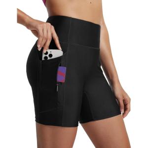 imageBALEAF Womens 5quot High Waisted Swim Shorts with Zipper Pockets Tummy Control Swimsuits Bottoms Board Shorts with LinerBlack