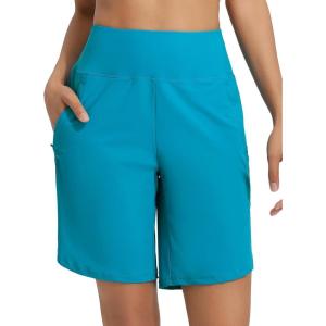 imageBALEAF Womens 9quot Long Swim Board Shorts with Zipper Pockets High Waisted Tummy Control Beach Shorts with LinerAqua Blue