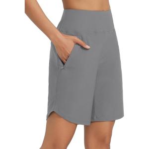 imageBALEAF Womens 9quot Long Swim Board Shorts with Zipper Pockets High Waisted Tummy Control Beach Shorts with LinerDark Gray