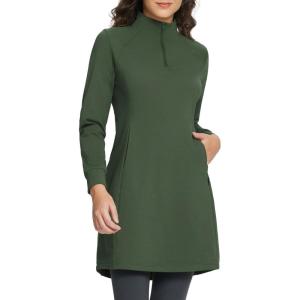 imageBALEAF Womens Fleece Lined Dress Sweatshirt Dress Water Resistant Warm Quarter Zip Cover Up Winter Outdoor with PocketDark Army Green