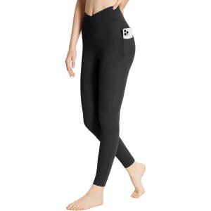 imageBALEAF Womens Leggings with Pockets 25quot V Cross Waist Workout Leggings Tummy Control Yoga Ankle PantsBlack