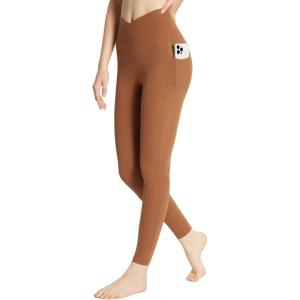 imageBALEAF Womens Leggings with Pockets 25quot V Cross Waist Workout Leggings Tummy Control Yoga Ankle PantsCaramel