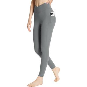 imageBALEAF Womens Leggings with Pockets 25quot V Cross Waist Workout Leggings Tummy Control Yoga Ankle PantsGraphite Gray