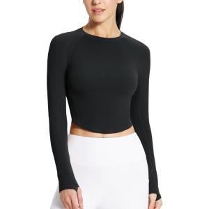 imageBALEAF Womens Long Sleeve Workout Tops Athletic Crop Top Running Slim Fit Gym Yoga ShirtsBlack