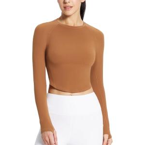 imageBALEAF Womens Long Sleeve Workout Tops Athletic Crop Top Running Slim Fit Gym Yoga ShirtsCaramel
