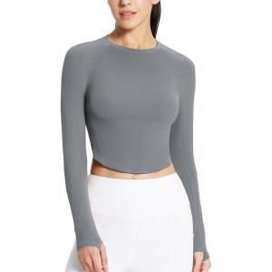 imageBALEAF Womens Long Sleeve Workout Tops Athletic Crop Top Running Slim Fit Gym Yoga ShirtsGraphite Gray