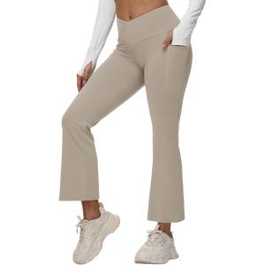 imageBALEAF Womens Petite Flare Leggings Tummy Control Crossover High Waisted Yoga Pants with Pockets Work Casual 27quotKhaki