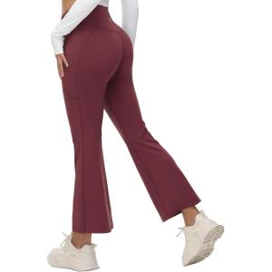 imageBALEAF Womens Petite Flare Leggings Tummy Control Crossover High Waisted Yoga Pants with Pockets Work Casual 27quotWine Red