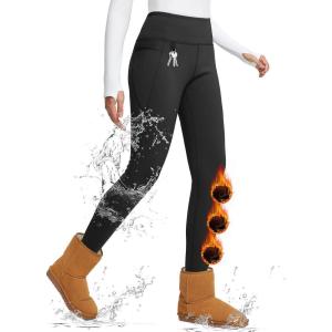imageBALEAF Womens Thick Fleece Lined Winter Leggings Thermal Warm Pants Water Resistant Hiking High WaistedBlack