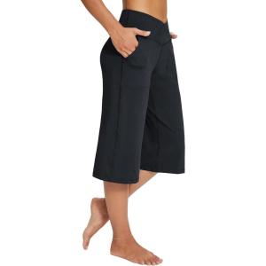 imageBALEAF Womens Wide Leg Yoga Capris Pants with Pockets Crossover Waist Loose Plus Size Cropped Pants Casual SummerBlack