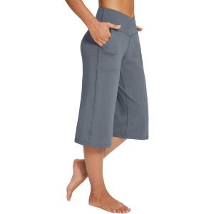 imageBALEAF Womens Wide Leg Yoga Capris Pants with Pockets Crossover Waist Loose Plus Size Cropped Pants Casual SummerDark Grey