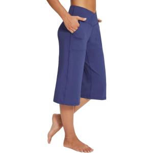 imageBALEAF Womens Wide Leg Yoga Capris Pants with Pockets Crossover Waist Loose Plus Size Cropped Pants Casual SummerNavy Blue