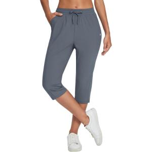 imageBALEAF Womens Yoga Capris Pants with Pockets Lightweight UPF50 Drawstring Waist Petite Athletic Sweatpants Casual SummerDark Grey