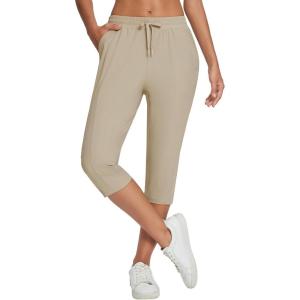 imageBALEAF Womens Yoga Capris Pants with Pockets Lightweight UPF50 Drawstring Waist Petite Athletic Sweatpants Casual SummerKhaki