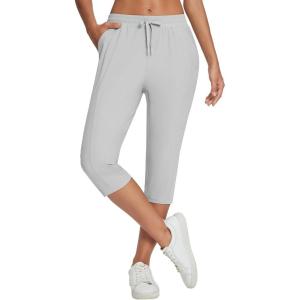 imageBALEAF Womens Yoga Capris Pants with Pockets Lightweight UPF50 Drawstring Waist Petite Athletic Sweatpants Casual SummerLight Grey