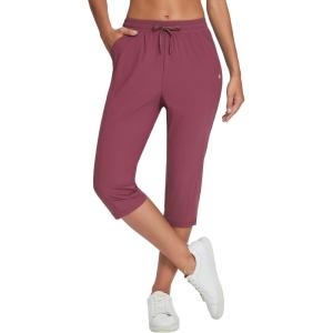 imageBALEAF Womens Yoga Capris Pants with Pockets Lightweight UPF50 Drawstring Waist Petite Athletic Sweatpants Casual SummerWine Red
