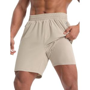 imageBALEAF Mens Athletic Shorts 7quot Quick Dry Running Workout 2 in 1 with Liner Lightweight Gym with Zipper Pocket UPF50Khaki