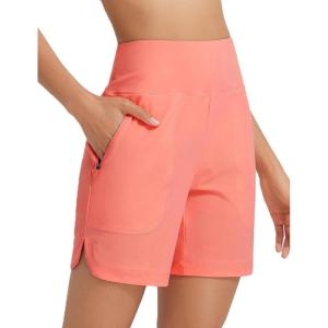 imagebaleaf Womens 7 Swim Board Shorts with Zipper Pockets High Waisted Long Beach Swimming Shorts Modest Swimsuits BottomPink