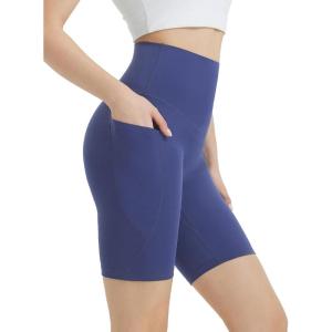 imagebaleaf Womens 8quot Biker Shorts Super High Waisted Tummy Control Yoga Workout Gym Short with PocketsNavy Blue