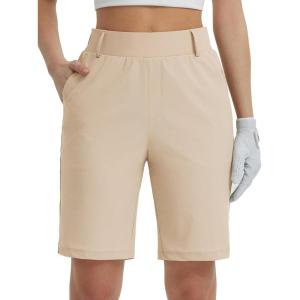 imageBALEAF Womens Golf Shorts 9 Knee Length Stretch Bermuda Long Shorts Belt Loops Pockets Casual Work UPF 50Khaki