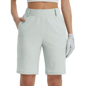 imageBALEAF Womens Golf Shorts 9 Knee Length Stretch Bermuda Long Shorts Belt Loops Pockets Casual Work UPF 50Light Gray