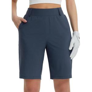 imageBALEAF Womens Golf Shorts 9 Knee Length Stretch Bermuda Long Shorts Belt Loops Pockets Casual Work UPF 50Navy Blue