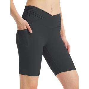 imagebaleaf Women 8quot Yoga Shorts with Pockets V Crossover Workout Gym Tummy Control Spandex Running BottomsBlack