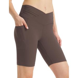 imagebaleaf Women 8quot Yoga Shorts with Pockets V Crossover Workout Gym Tummy Control Spandex Running BottomsBrown
