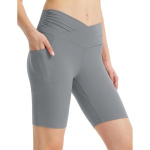 imagebaleaf Women 8quot Yoga Shorts with Pockets V Crossover Workout Gym Tummy Control Spandex Running BottomsDark Gray