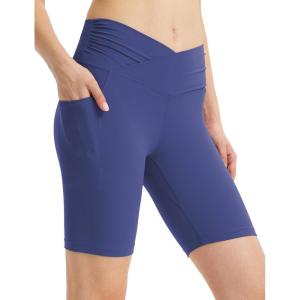 imagebaleaf Women 8quot Yoga Shorts with Pockets V Crossover Workout Gym Tummy Control Spandex Running BottomsNavy Blue