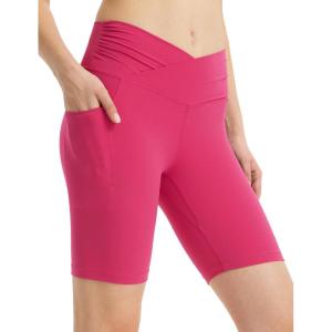 imagebaleaf Women 8quot Yoga Shorts with Pockets V Crossover Workout Gym Tummy Control Spandex Running BottomsRose Red