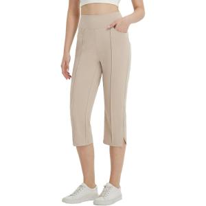 imagebaleaf Womens Capri Yoga Pants Dressy Casual Capris with Pockets Stretch Crop Lounge Pants Straight Open Bottom SummerKhaki