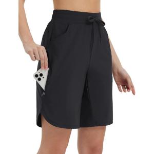 imagebaleaf Womens Long Shorts 9quot Bermuda Shorts Knee Length High Waisted Quick Dry Lightweight Zip PocketsBlack
