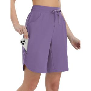 imagebaleaf Womens Long Shorts 9quot Bermuda Shorts Knee Length High Waisted Quick Dry Lightweight Zip PocketsDark Purple