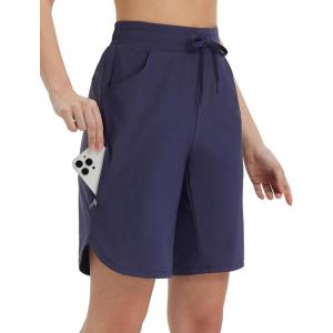 imagebaleaf Womens Long Shorts 9quot Bermuda Shorts Knee Length High Waisted Quick Dry Lightweight Zip PocketsNavy Blue