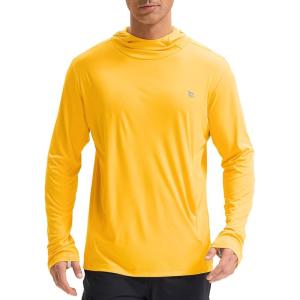 imagebaleaf Mens UPF 50 Sun Protection Hoodie Shirts Kangaroo Pocket UV SPF Performance Fishing Long Sleeve Rash GuardYellow