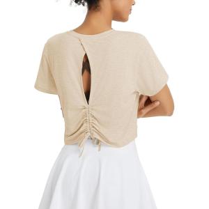 imagebaleaf Womens Open Back Workout Tops Short Sleeve Crop Yoga Shirts Lightweight Athletic Gym Exercise TShirtsHeather Khaki