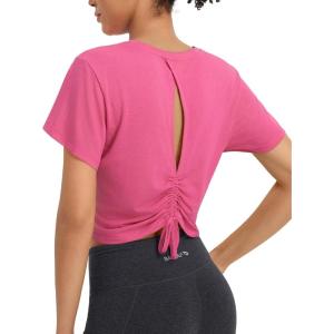 imagebaleaf Womens Open Back Workout Tops Short Sleeve Crop Yoga Shirts Lightweight Athletic Gym Exercise TShirtsPink