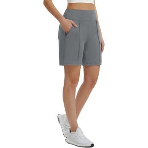 imagebaleaf Womens 7 Inch Bermuda Long Shorts with Zipper Pockets High Waisted Athletic Shorts Walking Dressy Casual LooseGrey