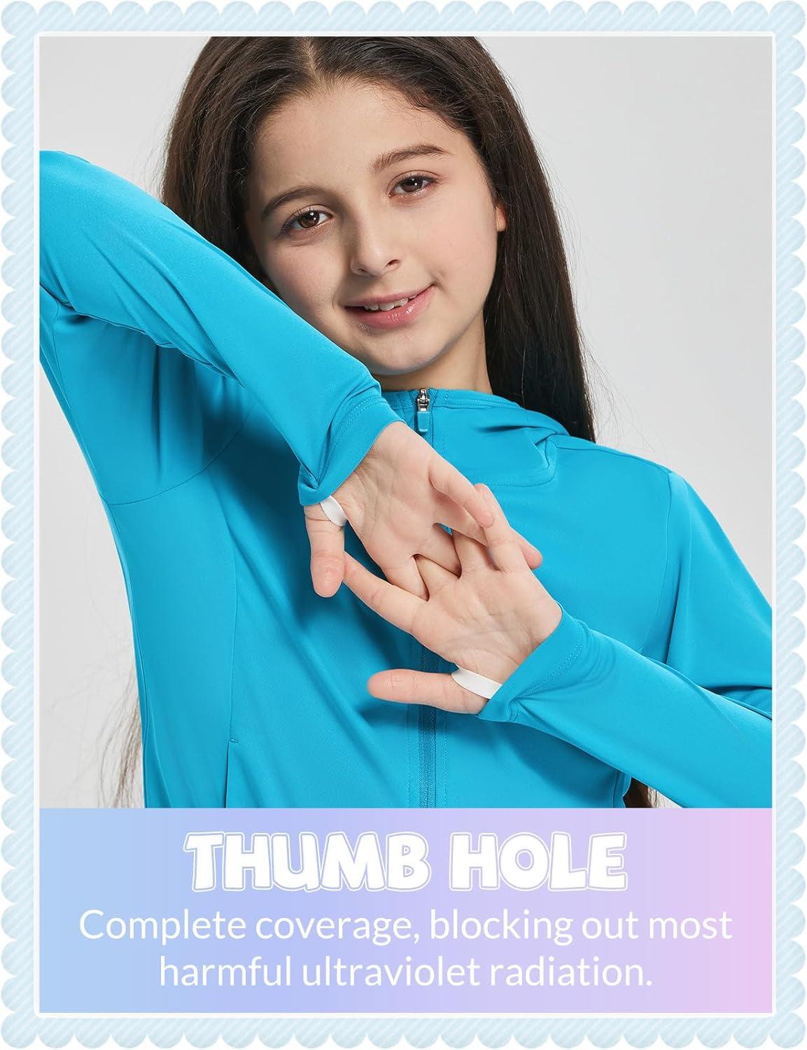imagebaleaf Girls UPF 50 Rash Guard Sun Jacket Hoodie SPF UV Protection Full Zip Swim Shirts Long Sleeve for KidsAqua Blue