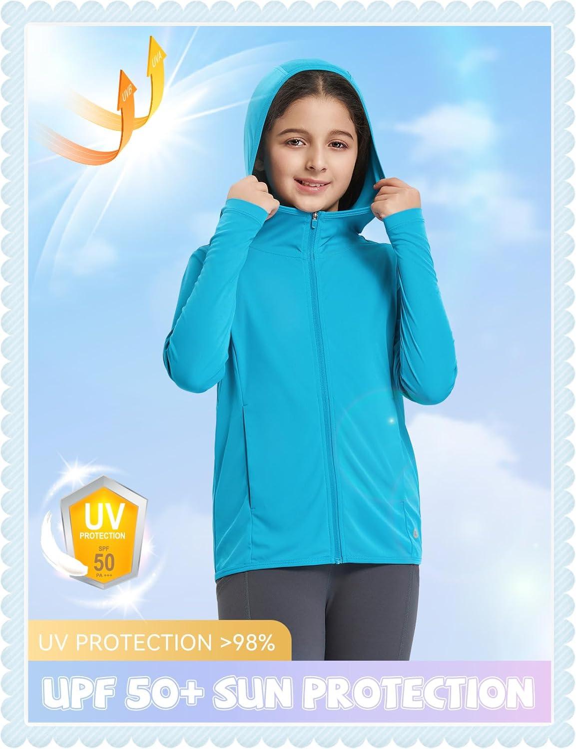 imagebaleaf Girls UPF 50 Rash Guard Sun Jacket Hoodie SPF UV Protection Full Zip Swim Shirts Long Sleeve for KidsAqua Blue