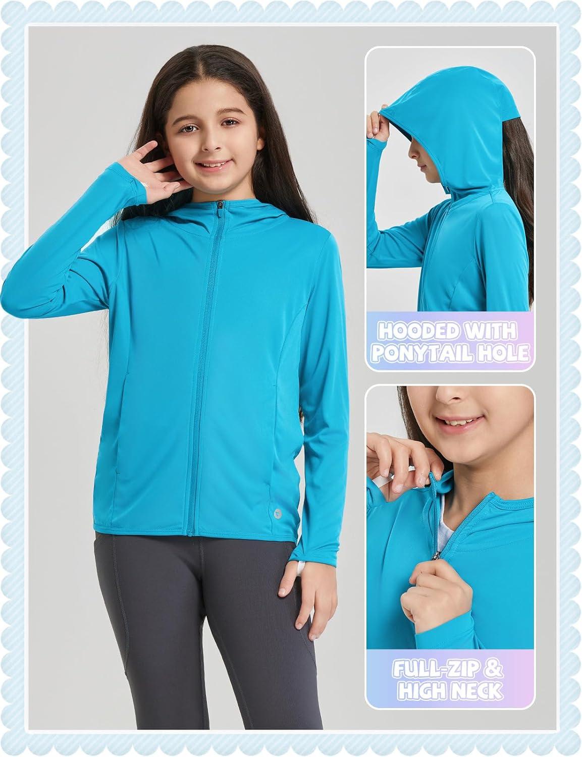 imagebaleaf Girls UPF 50 Rash Guard Sun Jacket Hoodie SPF UV Protection Full Zip Swim Shirts Long Sleeve for KidsAqua Blue