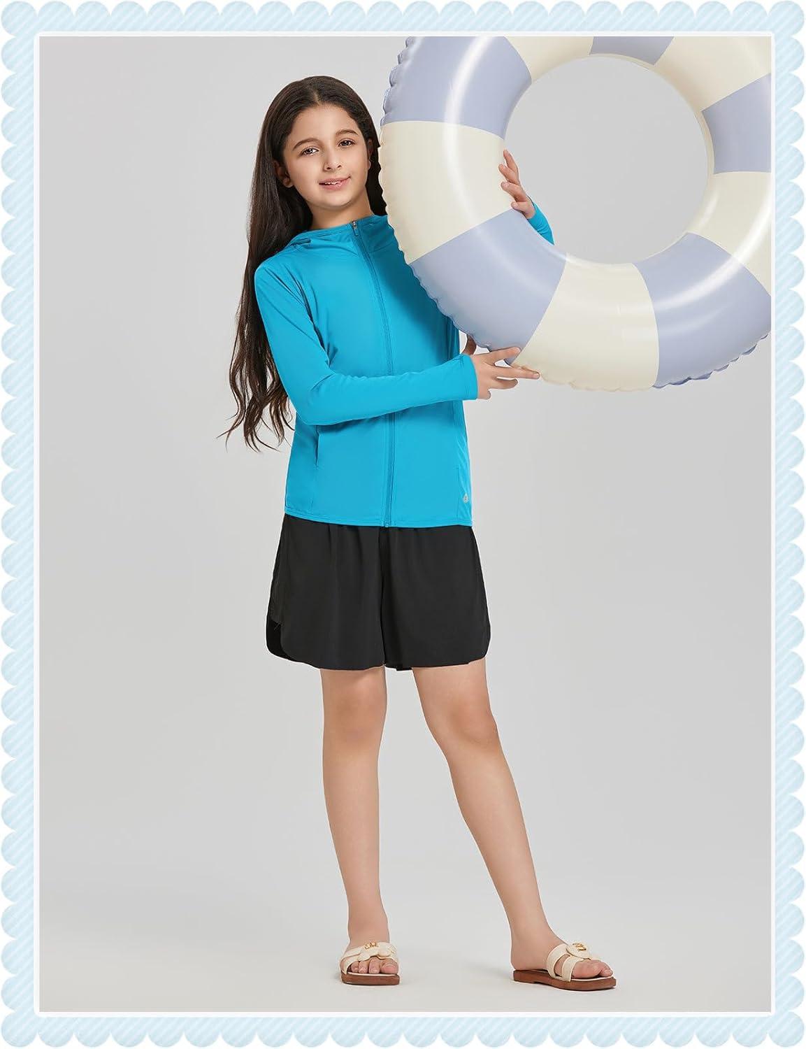 imagebaleaf Girls UPF 50 Rash Guard Sun Jacket Hoodie SPF UV Protection Full Zip Swim Shirts Long Sleeve for KidsAqua Blue