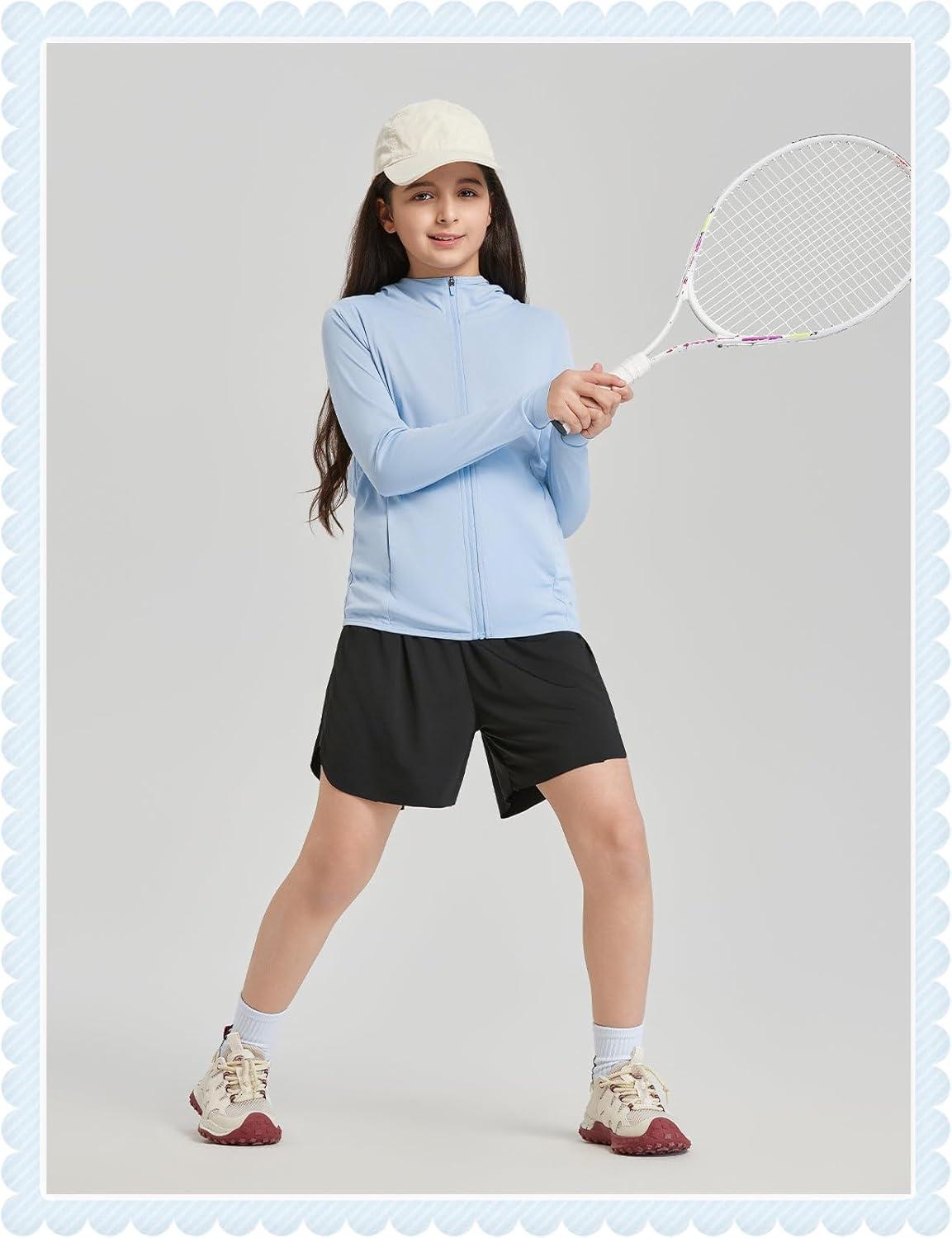 imagebaleaf Girls UPF 50 Rash Guard Sun Jacket Hoodie SPF UV Protection Full Zip Swim Shirts Long Sleeve for KidsLight Blue