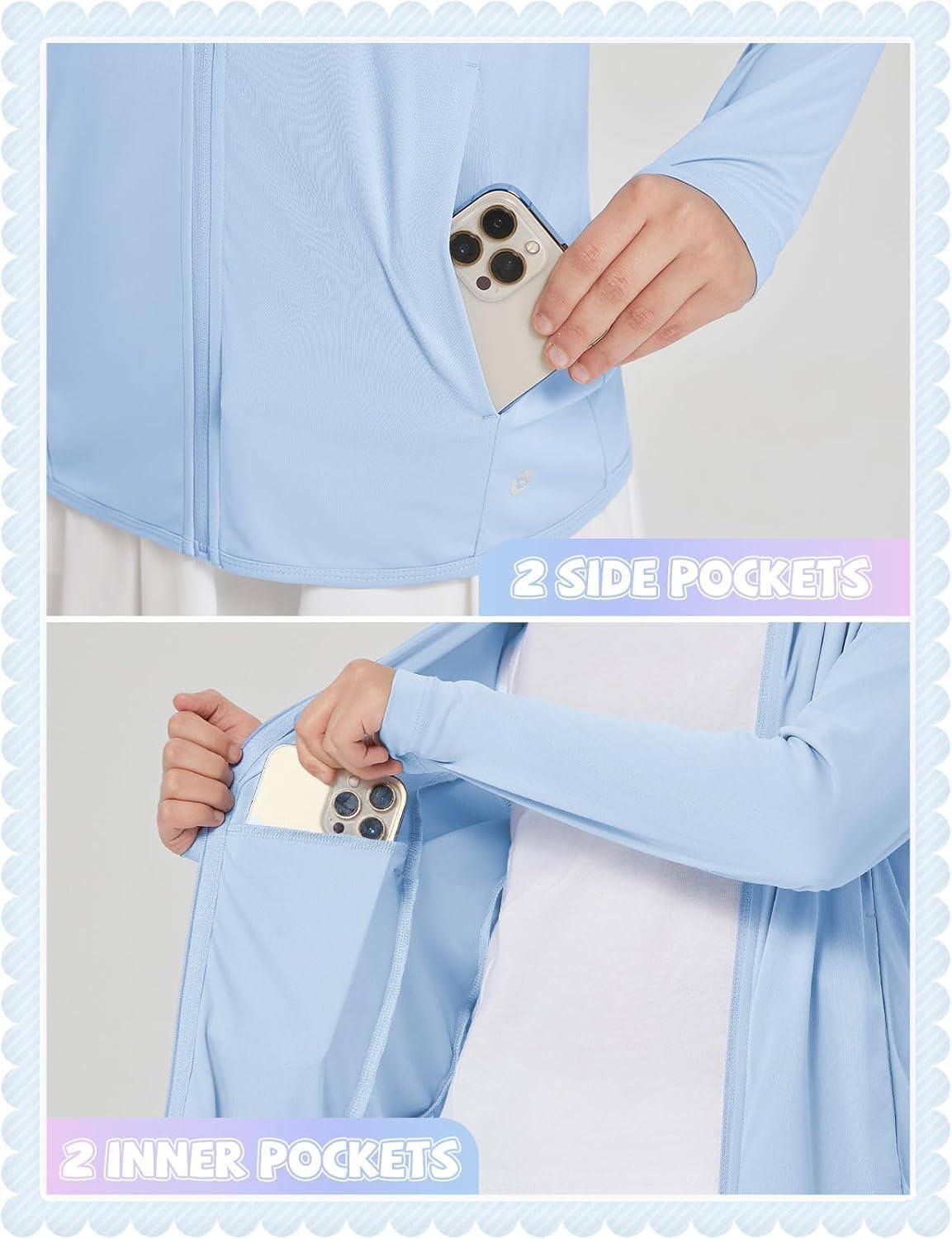imagebaleaf Girls UPF 50 Rash Guard Sun Jacket Hoodie SPF UV Protection Full Zip Swim Shirts Long Sleeve for KidsLight Blue
