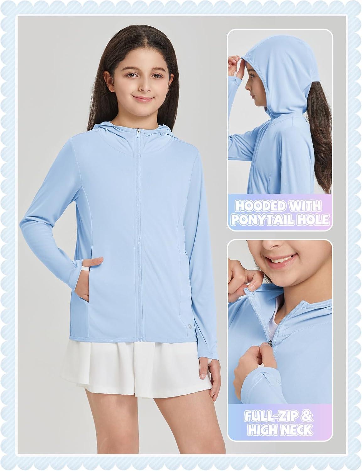 imagebaleaf Girls UPF 50 Rash Guard Sun Jacket Hoodie SPF UV Protection Full Zip Swim Shirts Long Sleeve for KidsLight Blue