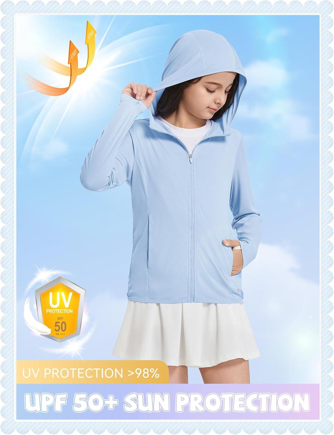 imagebaleaf Girls UPF 50 Rash Guard Sun Jacket Hoodie SPF UV Protection Full Zip Swim Shirts Long Sleeve for KidsLight Blue