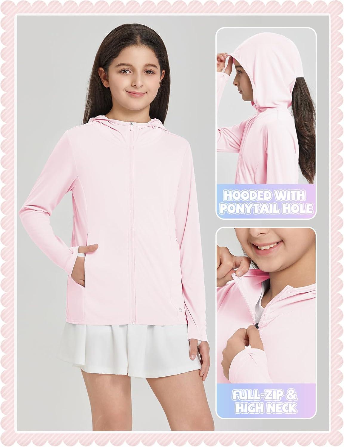 imagebaleaf Girls UPF 50 Rash Guard Sun Jacket Hoodie SPF UV Protection Full Zip Swim Shirts Long Sleeve for KidsLight Pink