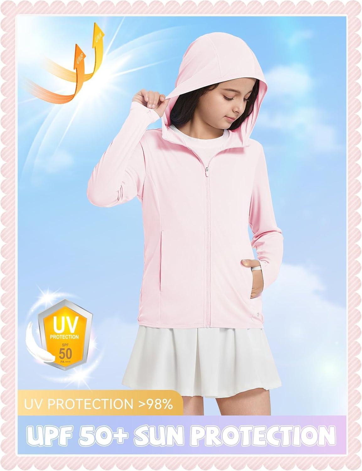 imagebaleaf Girls UPF 50 Rash Guard Sun Jacket Hoodie SPF UV Protection Full Zip Swim Shirts Long Sleeve for KidsLight Pink
