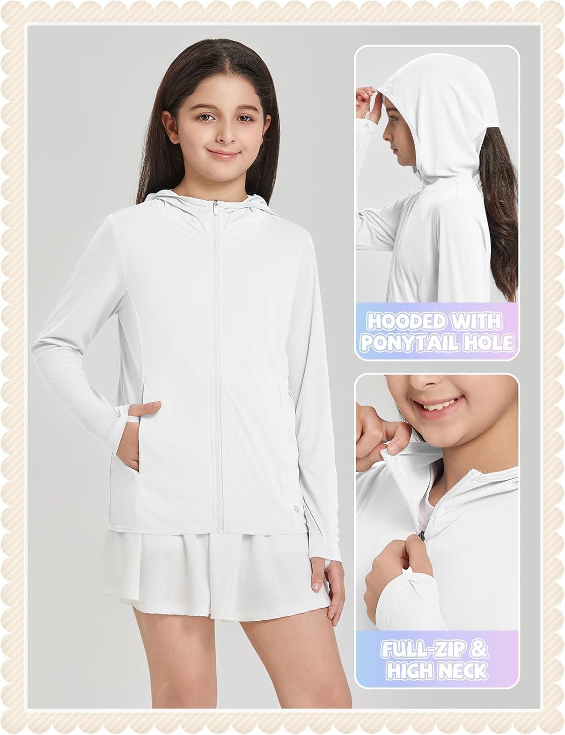 imagebaleaf Girls UPF 50 Rash Guard Sun Jacket Hoodie SPF UV Protection Full Zip Swim Shirts Long Sleeve for KidsWhite